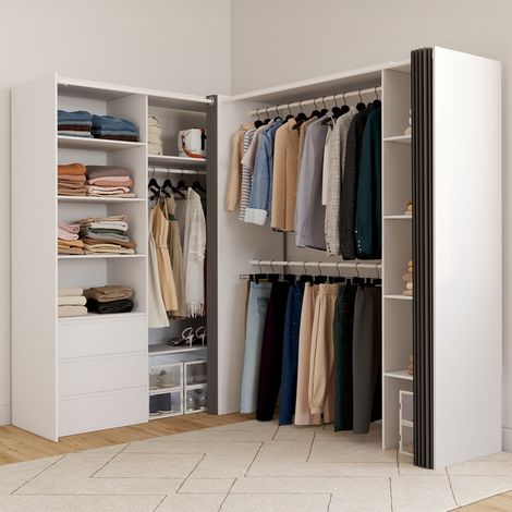 MARLON 200 x 150 x 180 cm armario esquinero blanco con armarios + cajones + estantes + cortinas grises