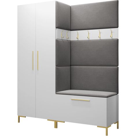 Meuble d'entrée Nomal I, Blanc, 196x158x44cm, Tissu, Stratifié, À poser, Murale