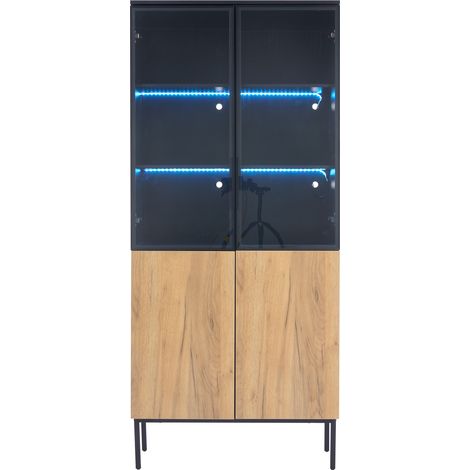 Vitrine noire et chêne avec LED, 180 cm, 4 étagères réglables, portes en verre trempé, meuble de rangement sur pieds (1/5)