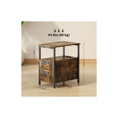 Table d appoint marron rustique avec station de charge USB et prises, 2 tiroirs et étagère pour salon, chambre et bureau (1/5)
