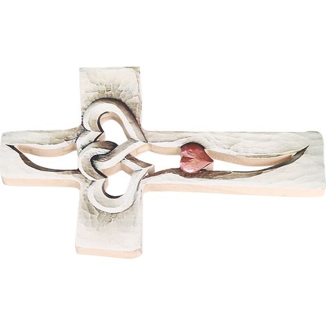 Croix en bois sculptée avec cœurs rouges imprimés, décoration murale plane, croix artisanale en bois, motif cœur rouge, 1 pièce. (1/5)