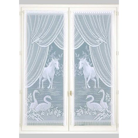 Paire de Petits Voilages Esprit Équestre - Polyester - Motifs Floraux et Animaux - Tunnel Passe Tringle - Transparent Tamisant - Fenêtre Salon Chambre - 60 x 120 cm - Blanc (1/5)
