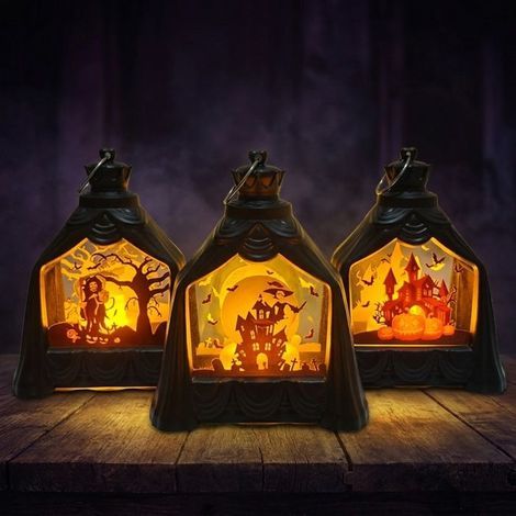Lot de 3 décorations Halloween - Château, arbre mort, citrouille - Bougies LED - Veilleuse - Déco table (1/3)
