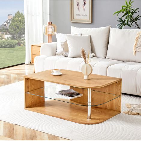 Table basse moderne avec rangement, bois naturel et plateau en verre, 100 x 60 x 42 cm (1/5)