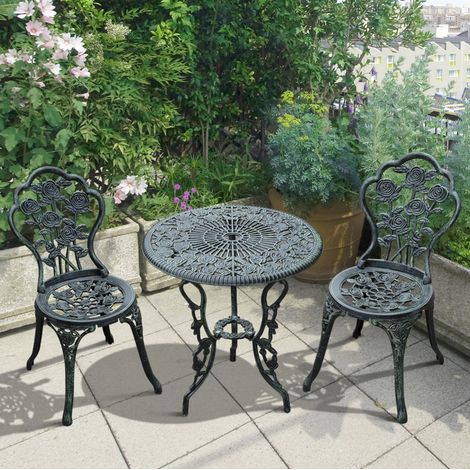 Bistroset 67x67x16.5 cm, look antico con motivo floreale, 2 posti, sedute ergonomiche, ferro, verde (1/5)