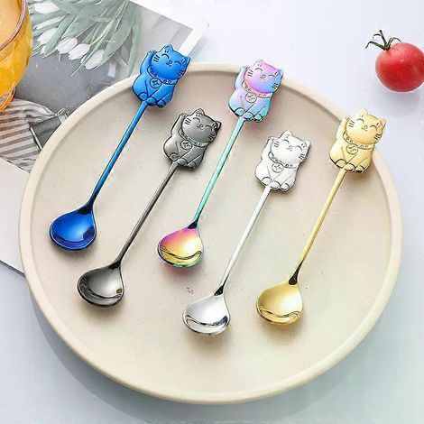 Cuillère à café en acier inoxydable en forme de chat porte-bonheur, cuillère à dessert, mini-cuillère à glace (1/4)