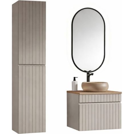 ICON Set: Waschtischunterschrank 60 cm + Arbeitsplatte für Waschbecken + Aufsatzwaschbecken rund + Hochschrank + LED-Spiegel vertikal