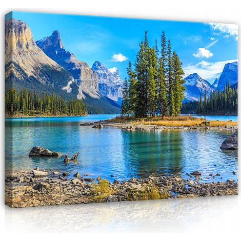 Peinture montagnes lac vue nature toile mur chambre salon 120x80 (1/3)