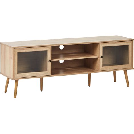 Mobile porta TV con 2 ante in vetro Gambe in particelle di legno di pino Legno chiaro Albany
