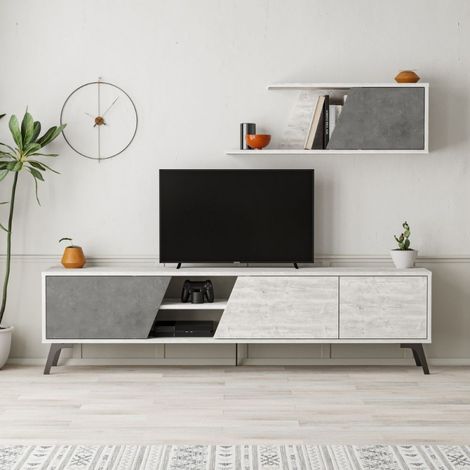 Mueble TV 180cm con estante de pared en blanco vintage y hormigón - Fiona (1/5)