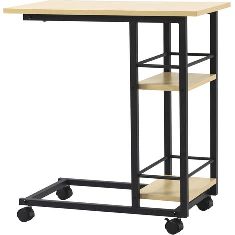 Mesa auxiliaire avec roulettes, table latérale en C avec 2 étagères, style moderne, 60x34,5x64,5 cm, naturel (1/5)