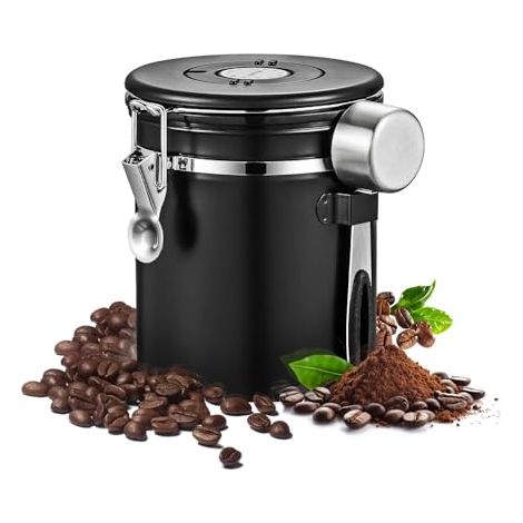 Contenitore ermetico per caffè con cucchiaio - barattolo da cucina per conservare caffè in polvere, chicchi, grani e zucchero (nero, 3,5 litri) (1/2)