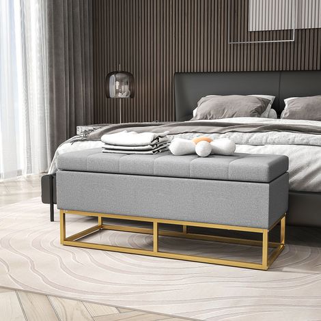 Banc banquette coffre de rangement 2 en 1 assise capitonnée et pieds acier 110 x 44 x 48 cm gris et doré