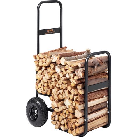 Chariot à bûches robuste, capacité de 113,4 kg, roues caoutchouc, transporteur en acier pour cheminée et foyer, noir (1/5)