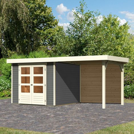 Karibu Holz Gartenhaus Set Askola 3, 5 mit Anbaudach terragrau 2,4 x 2,4 m (B x T) mit 2,4 m Anbaudach (1/5)