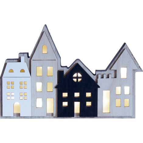 LED Weihnachts Stadt Aufsteller aus Holz - 23 x 16 cm - Deko Häuserzeile warm weiß beleuchtet - Weihnachtsdorf Slyline Silhouette Tisch Fenster Advent Deko