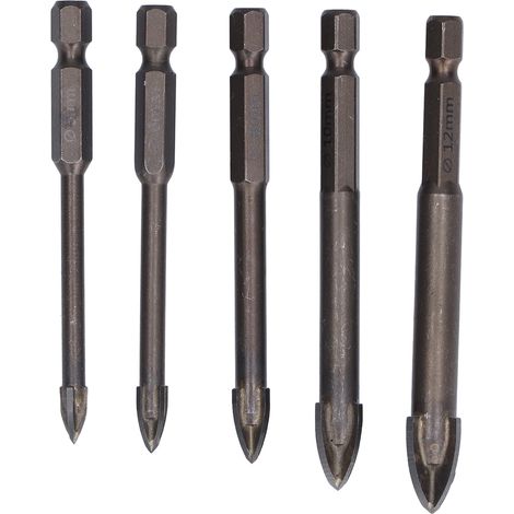 5Pcs Forets Hexagonaux Carbure Croix Verre Perceuse Béton Ouvre-trou Queue Hexagonale 1/4in (1/5)