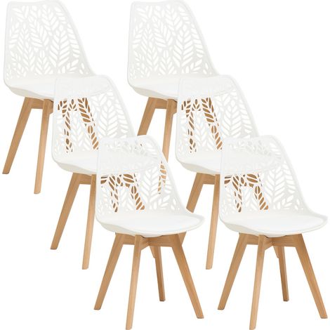 Wokaka - Juego de 6 sillas de comedor diseño escandinavo - Respaldo calado con follaje blanco - Patas de madera de haya