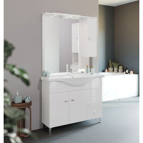 Mobile da Bagno a Terra Moderno con Lavabo Specchio Led Bianco Savinidue (1/2)
