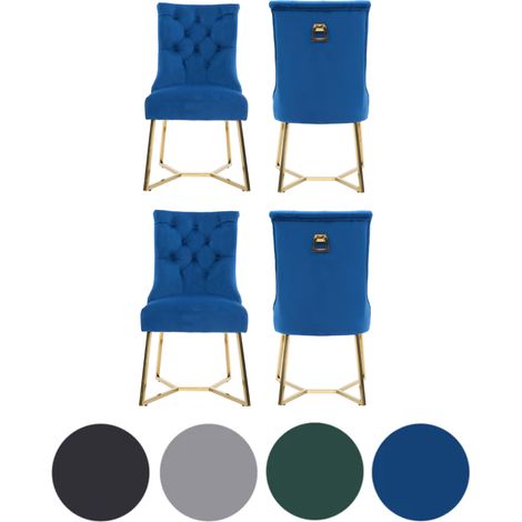 Set of 4 Blue Ambra Modern Velvet Dining Chairs with Gold Legs & Ring Handle - Tufted Back, Plush Foam Seat, Luxury Accent Chair (1/5)
