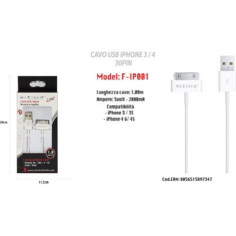 Trade Shop - USB-Datenkabel für Apple 30-poliges iPhone 3/3S/4G/4S iPad iPod Maxtech F-IP001 -