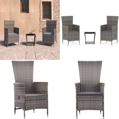 3-tlg. Garten-Lounge-Set mit Kissen Poly Rattan Grau - Poly Rattan - Gartenstuhl (1/5)