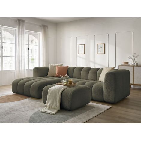 BOBOCHIC - Canapé d'angle fixe TALIA tissu bouclette avec pouf Angle gauche Vert (1/5)