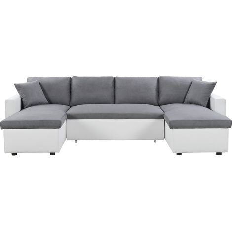 Loungitude – Canapé d'angle panoramique convertible 6 places – Simili et microfibre – Coffres de rangement – Dimensions 295x146x81 cm (1/10)