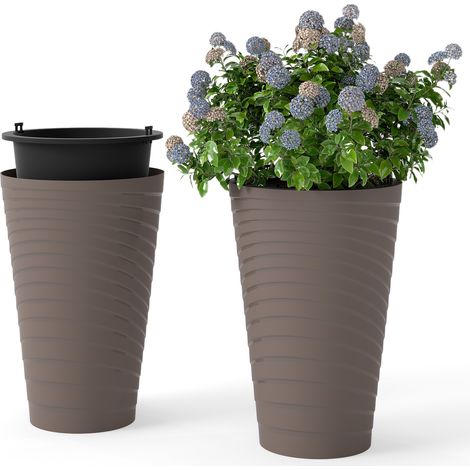 Lot de 2 Pots à Plantes de 45 cm, Jardinières Modernes avec Seau Intérieur Poignée Trous de Drainage, Pots de Fleurs Ronds Texturés en Spirale, Brun (1/5)