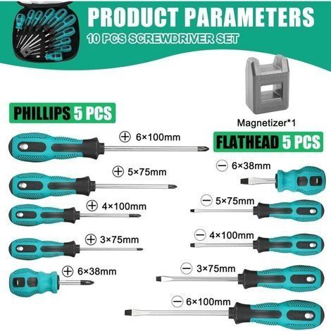 10-teiliges magnetisches Schraubendreher-Set, Schraubendreher-Etui aus Chrom-Vanadium-Stahl, komplettes Schraubendreher-Set mit magnetischem Leiter, 5 Größen von Schlitz- und Kreuzschlitzschraubendreh (1/4)