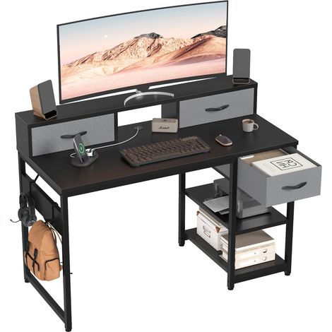 Bureau d'Étudiant avec Tiroirs et Étagère, Enfant, 120x50cm, Noir (1/5)