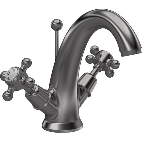Hudson Reed Topaz Dome Mono Basin Mixer Tap Dual Handle with Pop Up Waste - Brushed Pewter