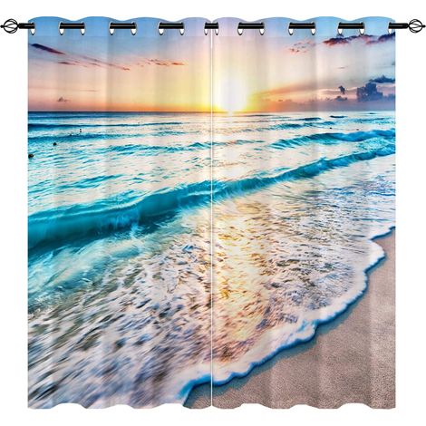 Rideaux Plage de Sable - Imprimé Occultants Thermiques (Coucher de Soleil Hawaii & Vagues Océaniques) pour Salon/Chambre avec Œillets - 2 Panneaux L60 x H90cm - 60L X 90H cm (2 Panneaux) (1/5)