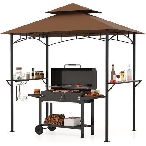 Tonnelle de Barbecue 240 x 151 cm, Abri à Double Toit pour Grill avec 2 Étagères, 7 Crochets, Structure Métallique, Auvent de Réception, Marron (1/5)