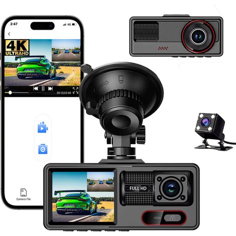 Dreifach-Dashcam (1080p + 480p + 480p) mit WLAN und Rückfahrkamera – HD-Fahrrekorder für Front-, Innen- und Rückfahrkamera mit Weitwinkel, Nachtsicht, 3-Zoll-Bildschirm, Parküberwachung und Loop-Aufna