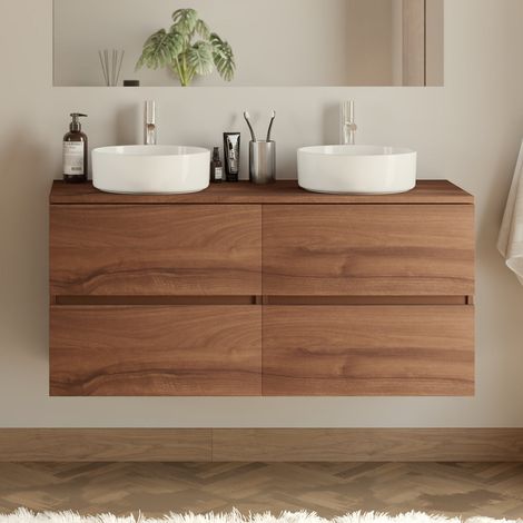 Meuble de salle de bain 120cm avec plateau et 2 vasques à poser rondes - 4 tiroirs - sans miroir - noyer (bois foncé) - IDA (1/5)
