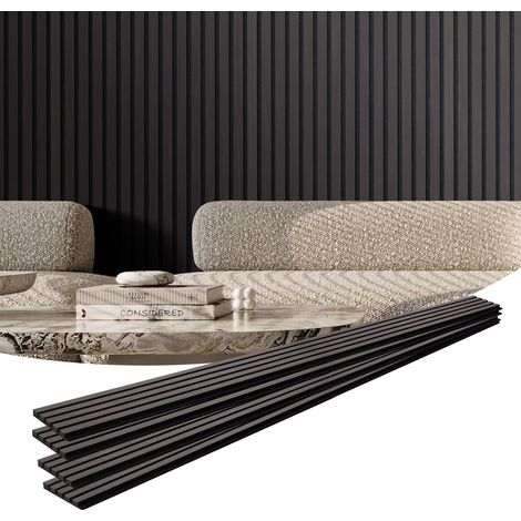 Panneaux acoustiques à lattes en bois 2400 x 200 mm, lamelles acoustiques en MDF pour mur intérieur moderne, panneaux muraux en faux bois pour décoration élégante, réduction du bruit, chêne noir (1/5)