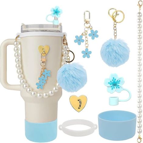 Ensemble d'accessoires pour gobelet, chaîne de perles, cordelette, chapeau de paille à motif bégonia, manchon en silicone pour gobelet et pendentif pompon 1 (1/5)