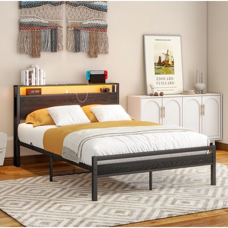 Cama 120x200 de metal y MDF con almacenaje en cabecero, USB-C y LED, negro OKMYHOME (1/5)