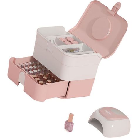 Boîte de rangement cosmétique à 2 tiroirs, grande capacité, portable, avec poignée, pour vernis à ongles et nail art, rose (1/5)