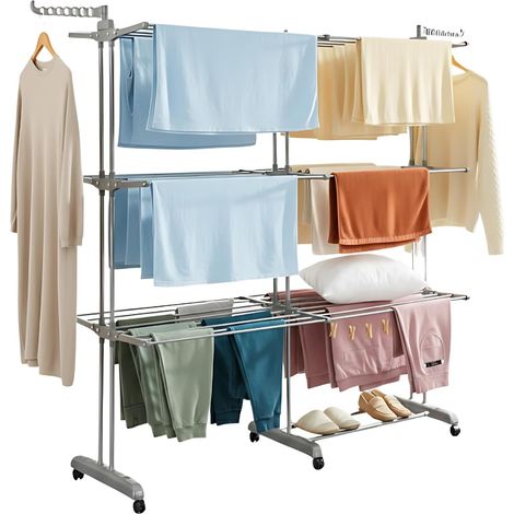 Étendoir à Linge 4 Niveaux Extensible avec roulettes – Séchoir Pliable Grande Capacité 35 kg – Mobile, Verrouillable, pour Intérieur & Extérieur – Acier Renforcé – Gris