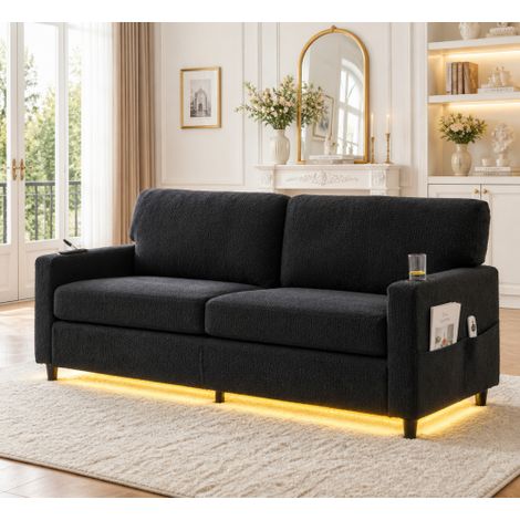 Canapé 2 places moderne en chenille avec port USB-C, éclairage LED, porte-gobelets et poches latérales. Structure en bois et métal avec rembourrage en mousse confort. Idéal pour le salon, la chambre o (1/5)