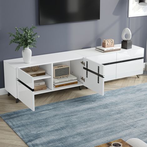 Meuble TV blanc 180×40×49 cm avec rangement, 4 portes, 8 pieds, convient aux téléviseurs jusqu'à 80 pouces, MDF, blanc + noir (1/5)