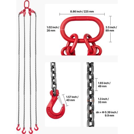 Élingue Chaîne de Levage à 4 Brins avec Crochets, 10 mm x 3 m, Capacité Charge 10,4 t, Chaîne de Levage Robuste Acier Allié G80, po…