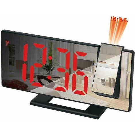 Réveil projecteur (boîtier noir, texte rouge), projection à 180°, horloge numérique avec écran miroir LED, port USB, fonction snooze, 4 niveaux de luminosité (L). (1/5)
