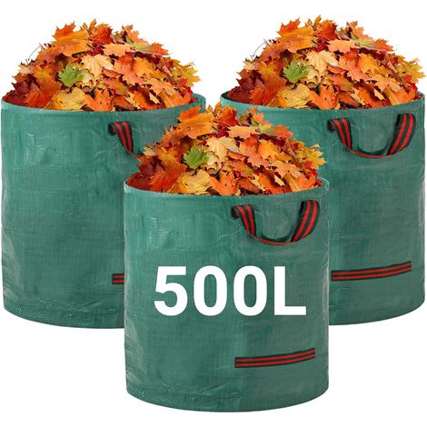 Sacs à déchets de jardin – lot de 3, 500 litres, avec poignées – pliables, pour stocker les feuilles mortes, les déchets et les ordures. (1/5)