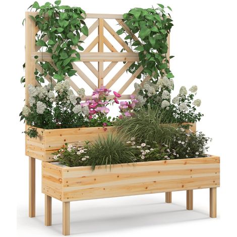 Jardinière surélevée 2 niveaux 109 x 62 x 135 cm avec treillis de soutien et drainage design naturel en bois de sapin