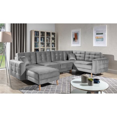 Canapé d'angle panoramique convertible U HASGARD 326 cm gris clair velours avec coffre