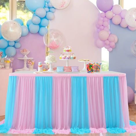 Jupe de table en tulle bicolore rose et bleu 6 ft - Bande élastique ajustable - Décoration jetable pour fête, mariage, anniversaire, buffet & desserts - Taille 6FT/75 x 183 cm (1/5)