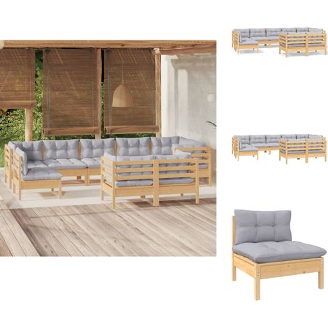 Gartenmöbel-Sets - Living 9-tlg. Garten-Lounge-Set mit Grauen Kissen Kiefer Massivholz (1/5)